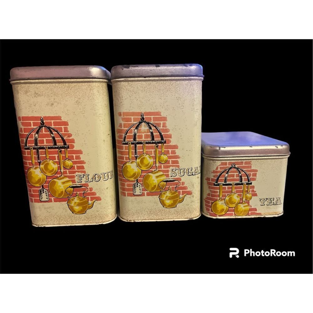 Vintage Tin canister flour sugar tea  tan red brickdesign